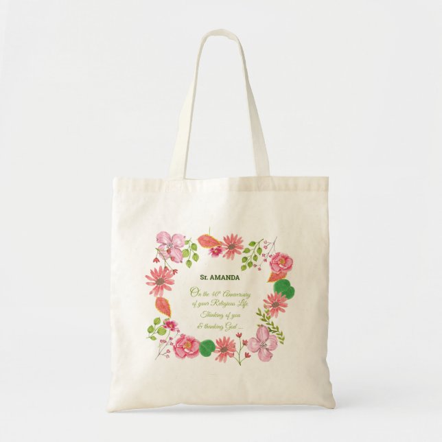 Nun Religious 40th Anniversary Watercolor Flowers Tote Bag (Front)