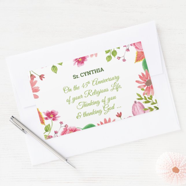 Nun Religious 45th Anniversary Watercolor Flowers Rectangular Sticker (Envelope)