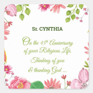 Nun Religious 45th Anniversary Watercolor Flowers Square Sticker