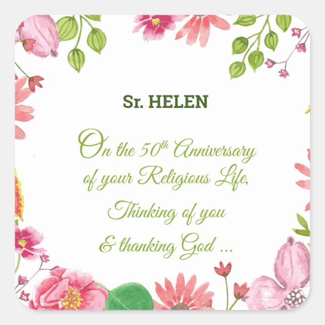 Nun Religious 50th Anniversary Watercolor Flowers Square Sticker (Front)