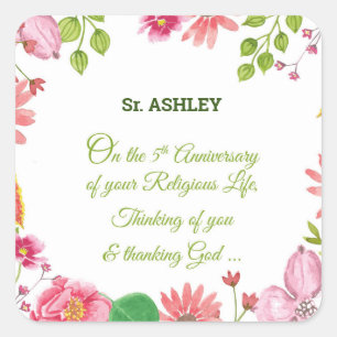 Nun Religious 5th Anniversary Watercolor Flowers Square Sticker