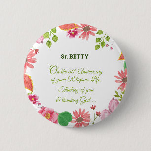 Nun Religious 60th Anniversary Watercolor Flowers 6 Cm Round Badge