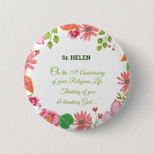 Nun Religious 70th Anniversary Watercolor Flowers 6 Cm Round Badge
