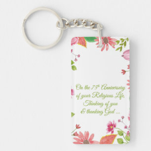 Nun Religious 75th Anniversary Watercolor Flowers Key Ring