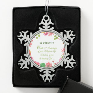 Nun Religious 75th Anniversary Watercolor Flowers Snowflake Pewter Christmas Ornament