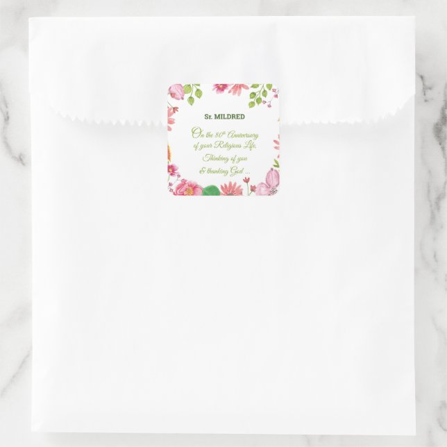 Nun Religious 80th Anniversary Watercolor Flowers Square Sticker (Bag)