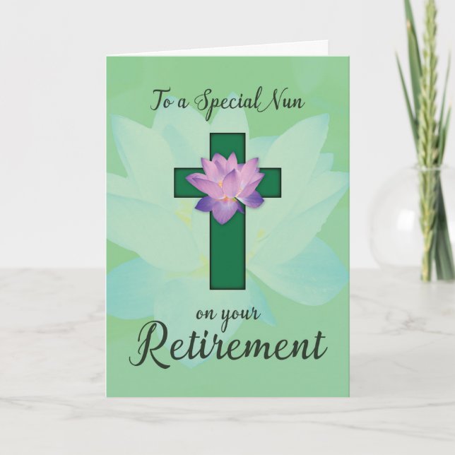 Nun Retirement, Lotus Flower on Green Cross Card (Front)