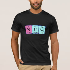 Shirt featuring the name Nuno spelled out in symbols of the chemical elements