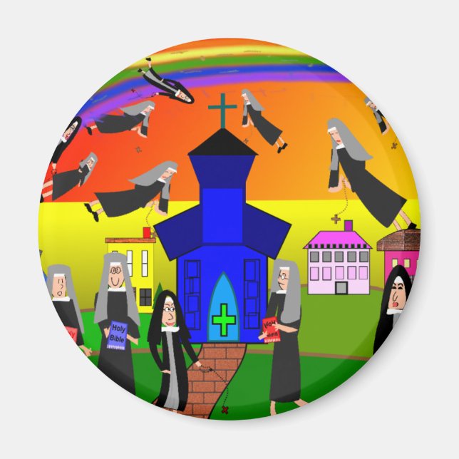 Nuns "Flying Nuns" Whimsical Art Magnet (Front)