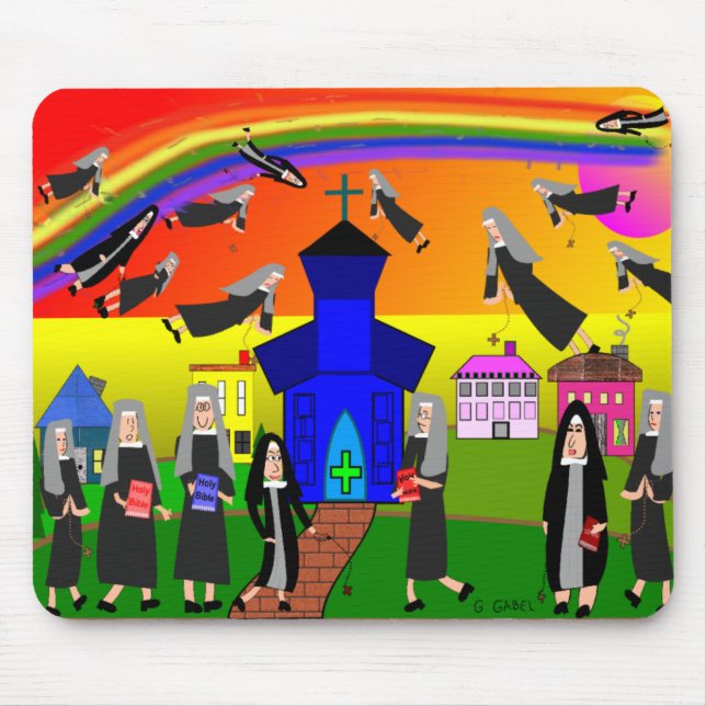Nuns "Flying Nuns" Whimsical Art Mouse Mat (Front)