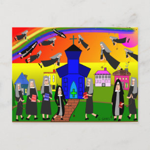 Nuns "Flying Nuns" Whimsical Art Postcard