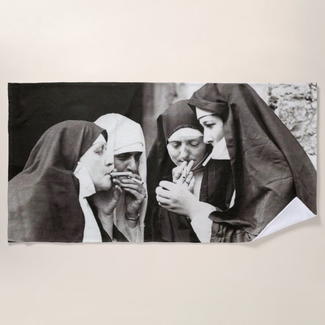 Nuns Smoking Vintage Photograph Beach Towel (Front)