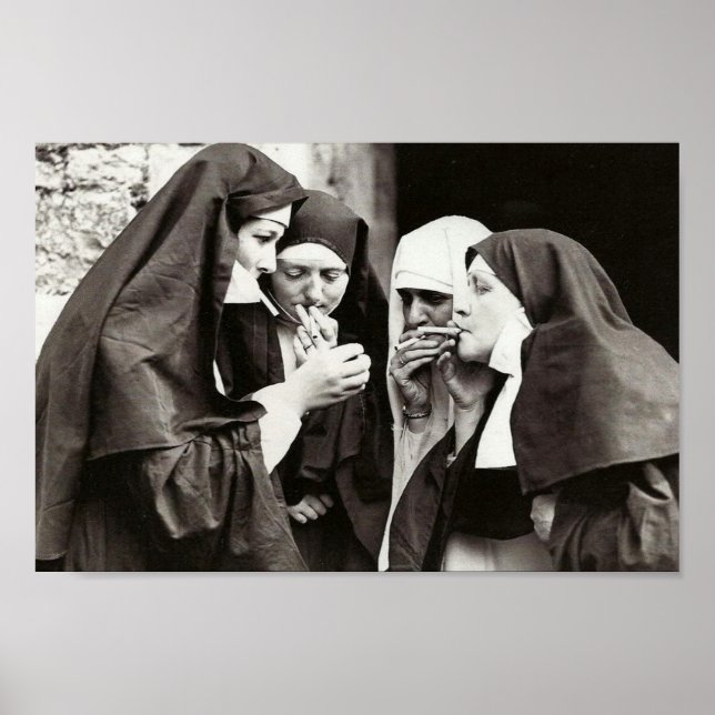 Nuns Smoking Vintage Photography 12x8in Poster (Front)