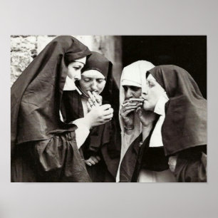 Nuns Smoking Vintage Photography 16x12in Poster