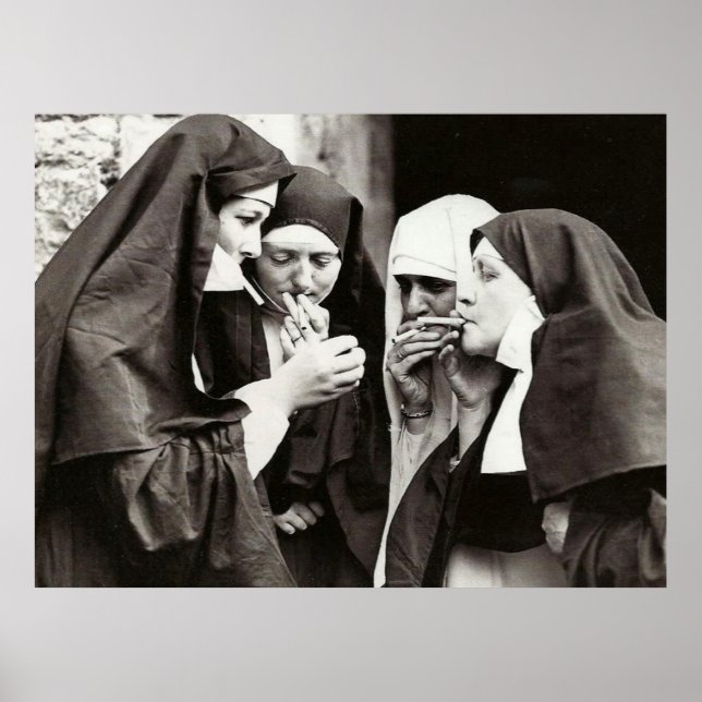 Nuns Smoking Vintage Photography Large Poster (Front)
