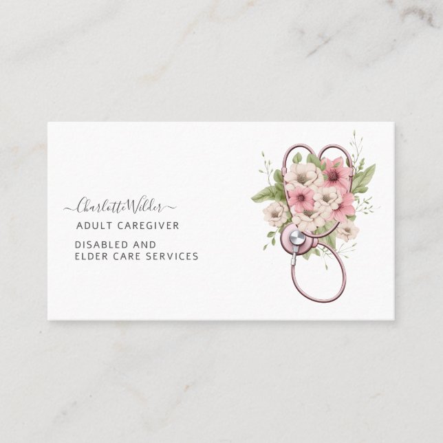 Nurse Adult Caregiver Floral Stethoscope Business Card (Front)