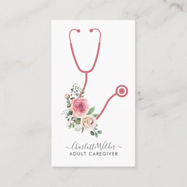 Nurse Adult Caregiver Floral Stethoscope Business Card (Front)