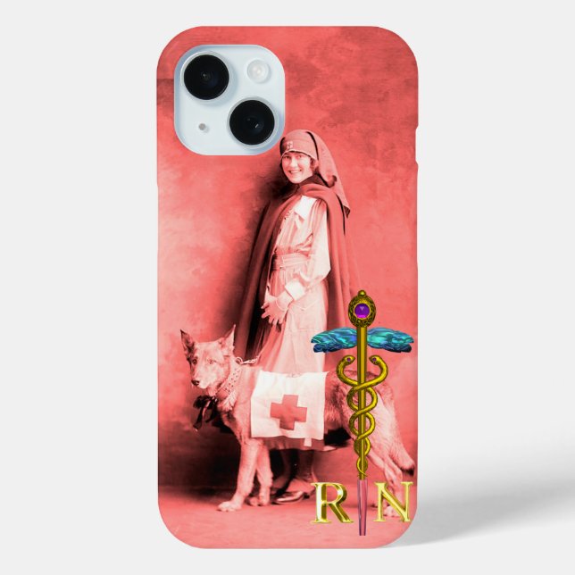 NURSE AND RESCUE DOG /Gold Caduceus RN Emblem Case-Mate iPhone Case (Back)