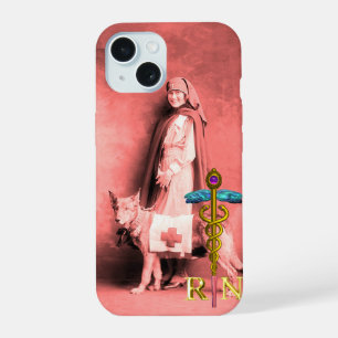 NURSE AND RESCUE DOG /Gold Caduceus RN Emblem iPhone 15 Case