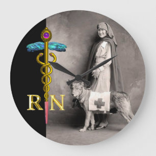 NURSE AND RESCUE DOG /Gold Caduceus RN Emblem Large Clock