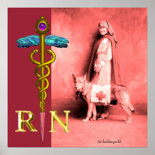 NURSE AND RESCUE DOG /Gold Caduceus RN Emblem Poster