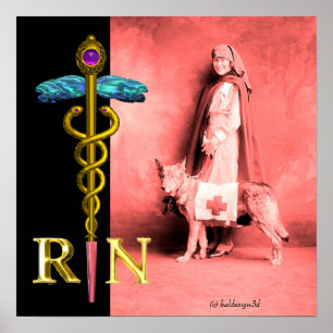 NURSE AND RESCUE DOG /Gold Caduceus RN Emblem Poster