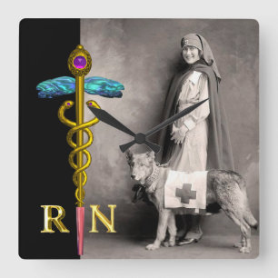NURSE AND RESCUE DOG /Gold Caduceus RN Emblem Square Wall Clock
