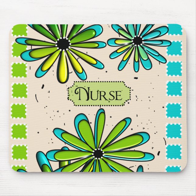 Nurse Artsy Floral Green and Blue Mouse Mat (Front)