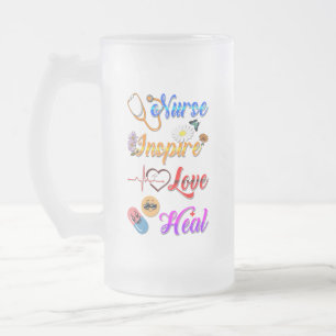 Nurse Barware Inspire Love Heal Med Therapist Frosted Glass Beer Mug