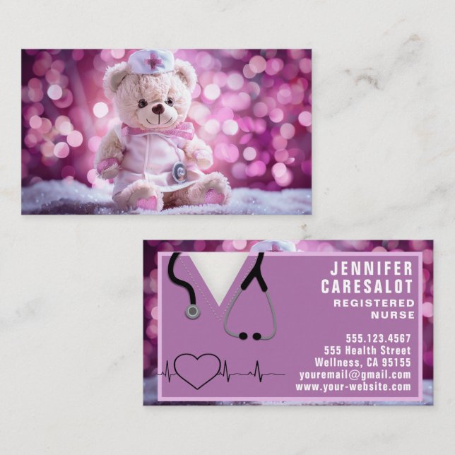 Nurse Bear RN, LVN, LPN, Caretaker Business Card (Front/Back)