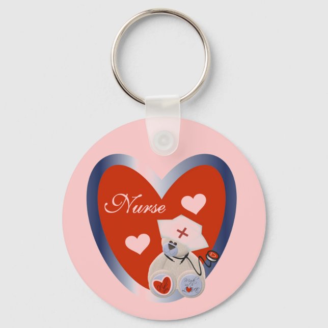 Nurse Bear With Heart T-shirts and Gifts Key Ring (Front)