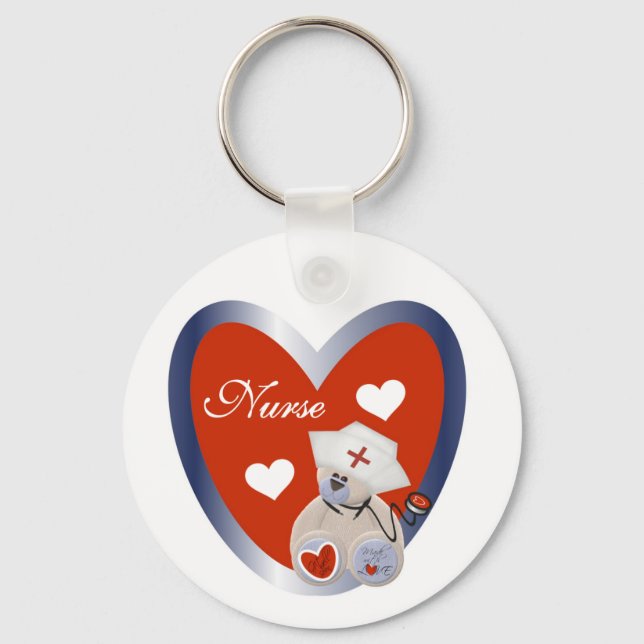 Nurse Bear With Heart T-shirts and Gifts Key Ring (Front)