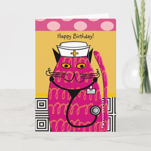 Nurse Birthday Card Whimsical Cat Nurse (Front)