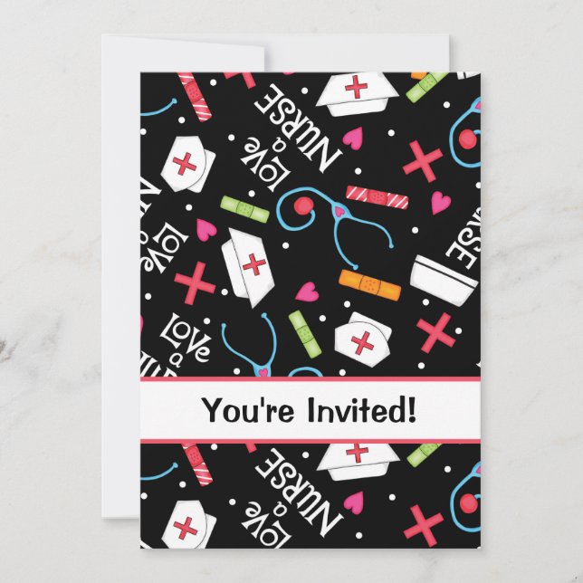 Nurse Birthday Party Celebration Black White Invitation (Front)