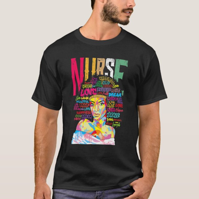 Nurse Black Woman Magic Afro Melanin Queen Black H T-Shirt (Front)