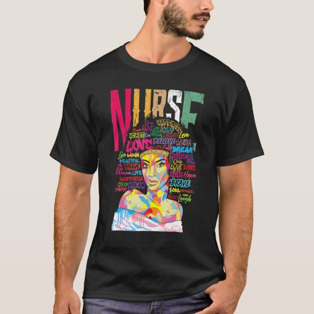 Nurse Black Woman Magic Afro Melanin Queen Black H T-Shirt (Front)