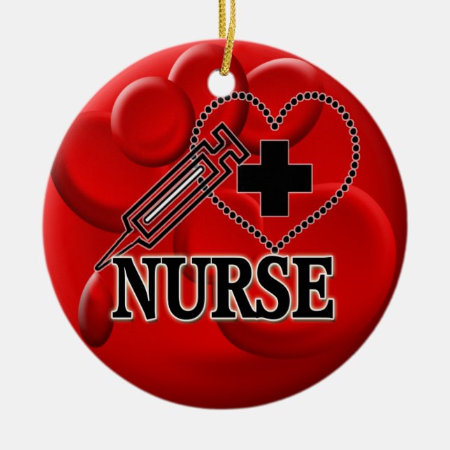 NURSE BLOOD CELLS SYRINGE HEART LOGO CERAMIC TREE DECORATION (Front)