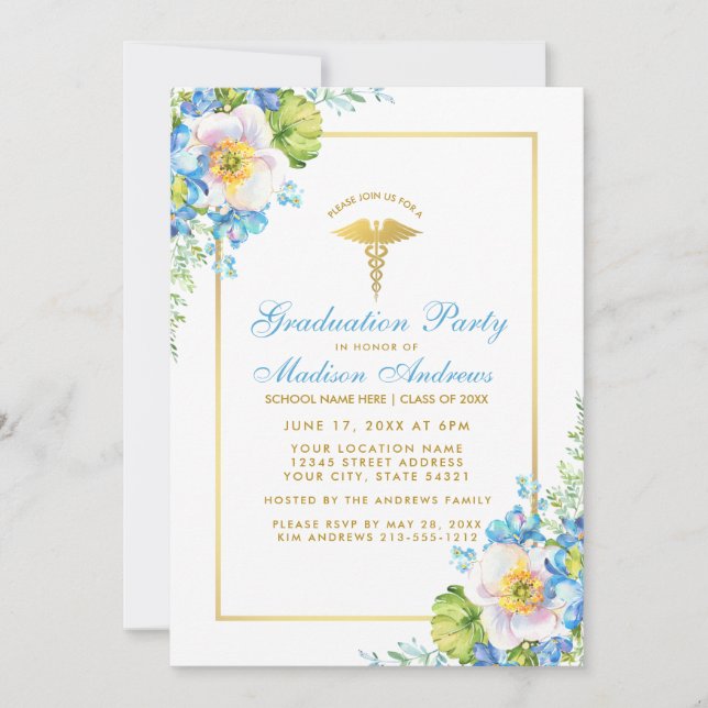Nurse Blue Floral Gold Grad Party Invitation GB (Front)