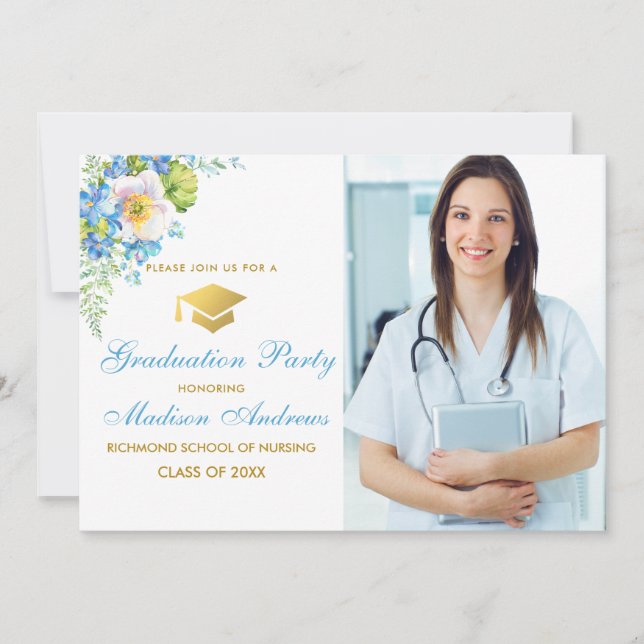 Nurse Blue Floral Gold Grad Party Invite (Front)