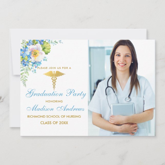 Nurse Blue Floral Gold Grad Party Invite (Front)