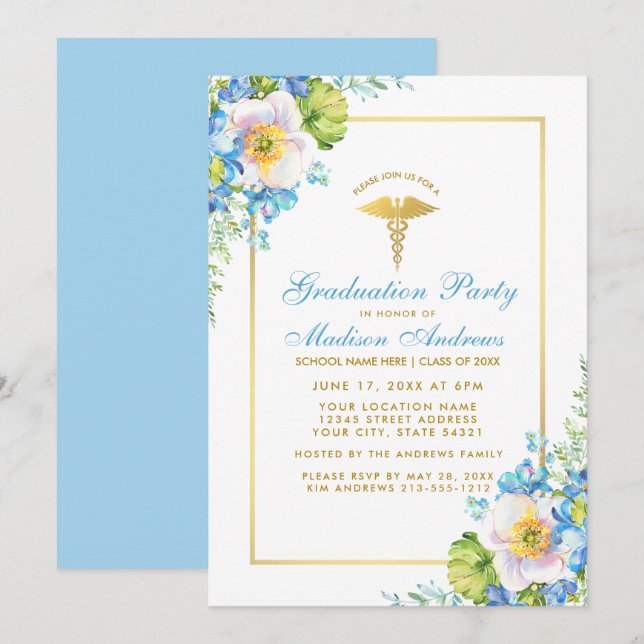 Nurse Blue Floral Gold Grad Party Invite B (Front/Back)