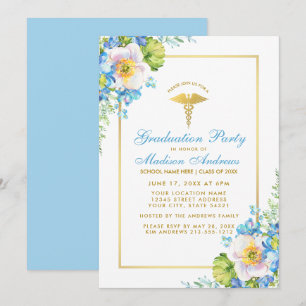 Nurse Blue Floral Gold Grad Party Invite B