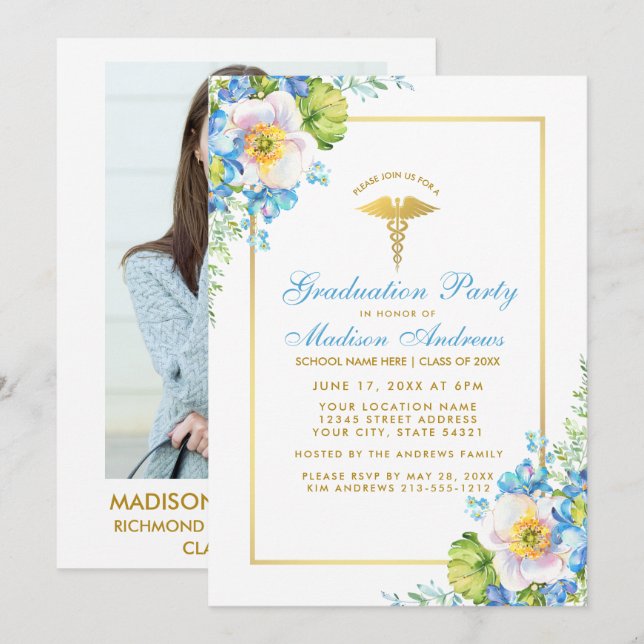 Nurse Blue Floral Grad Party Invite B - Photo Back (Front/Back)