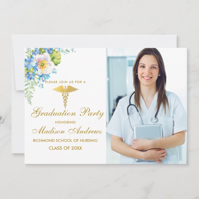 Nurse Blue Floral Grad Party Invite Gold (Front)