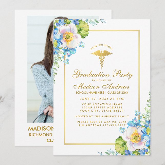 Nurse Blue Floral Grad Party Invite - Photo Back (Front/Back)