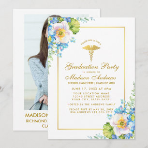 Nurse Blue Floral Grad Party Invite - Photo Back