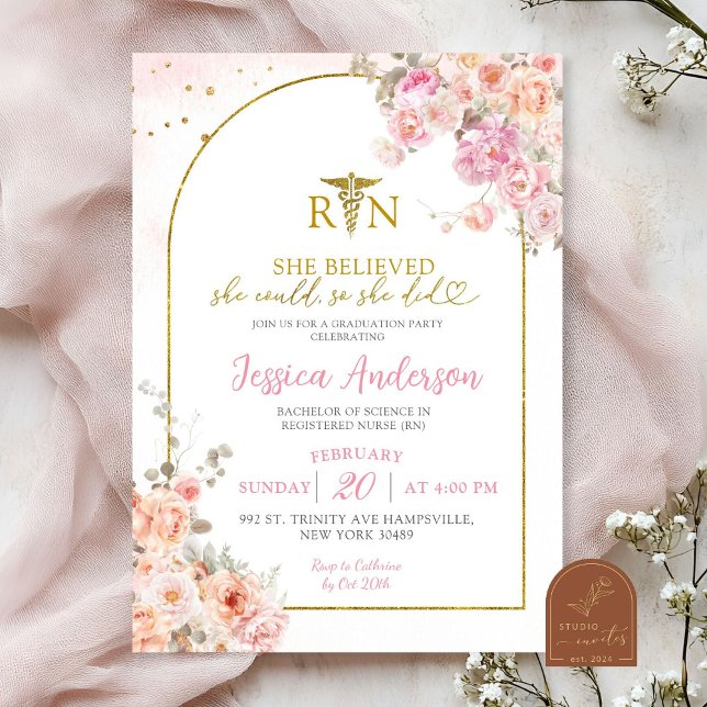 Nurse Blush Pink Floral Graduation Invitation (Creator Uploaded)