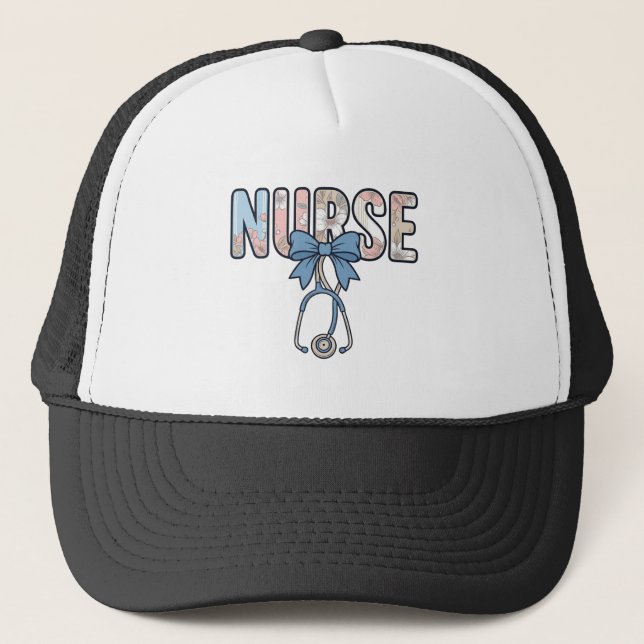 Nurse Bow Stethoscope Vintage Floral Trucker Hat (Front)