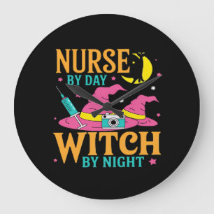 Nurse by Day, Witch by Night Cat Halloween Classic Large Clock