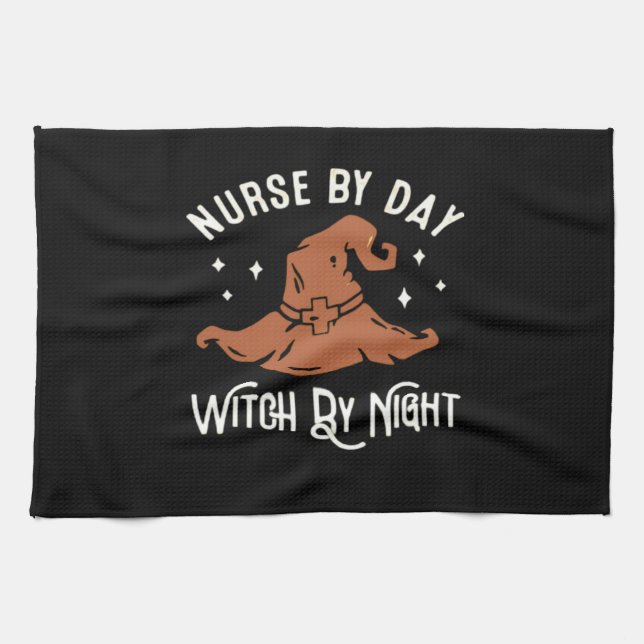 Nurse by Day Witch by Night - Funny Halloween Nurs Tea Towel (Horizontal)